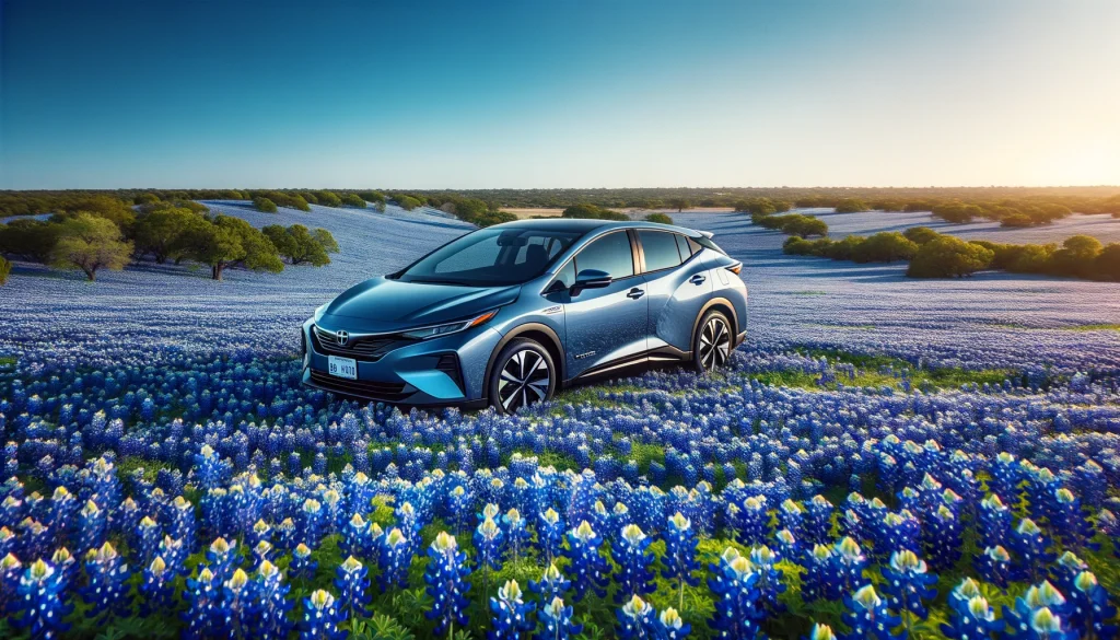 Blue hybrid car in a field of blue flowers